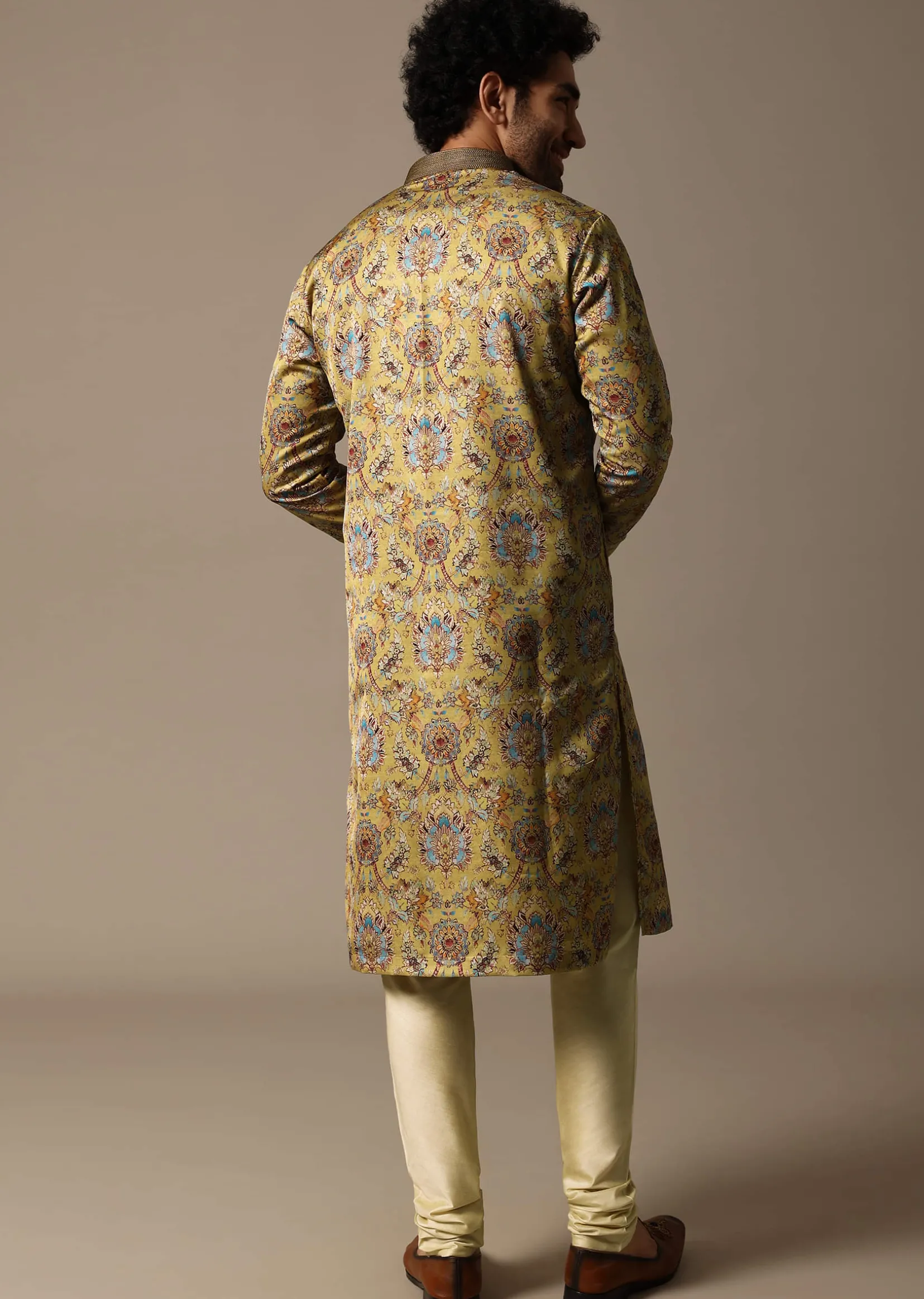 Mustard Yellow Printed Silk Kurta Set For Men