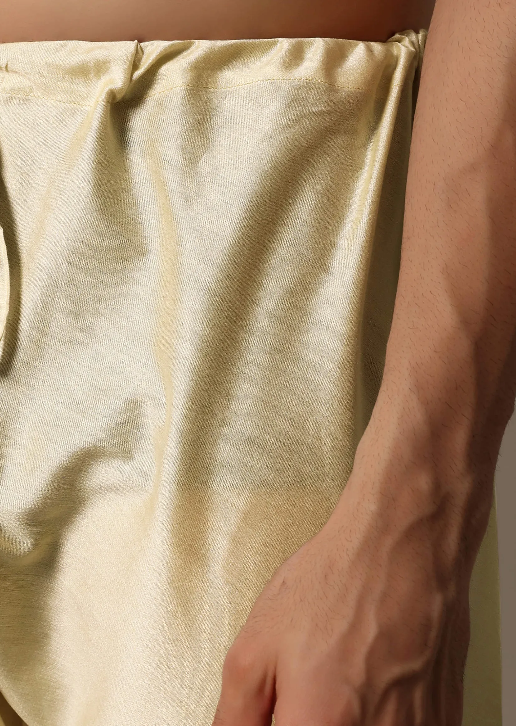 Mustard Yellow Printed Silk Kurta Set For Men