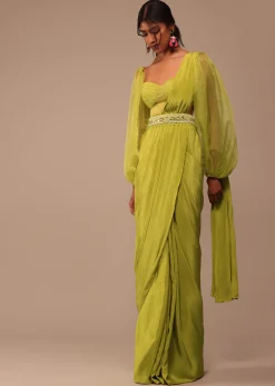 Mustard Yellow Saree With Bishop Sleeve Blouse And Hand Worked Belt