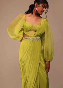 Mustard Yellow Saree With Bishop Sleeve Blouse And Hand Worked Belt