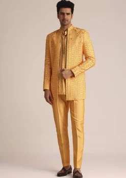 Mustard Yellow Silk Indo Western Set With Zardosi Work