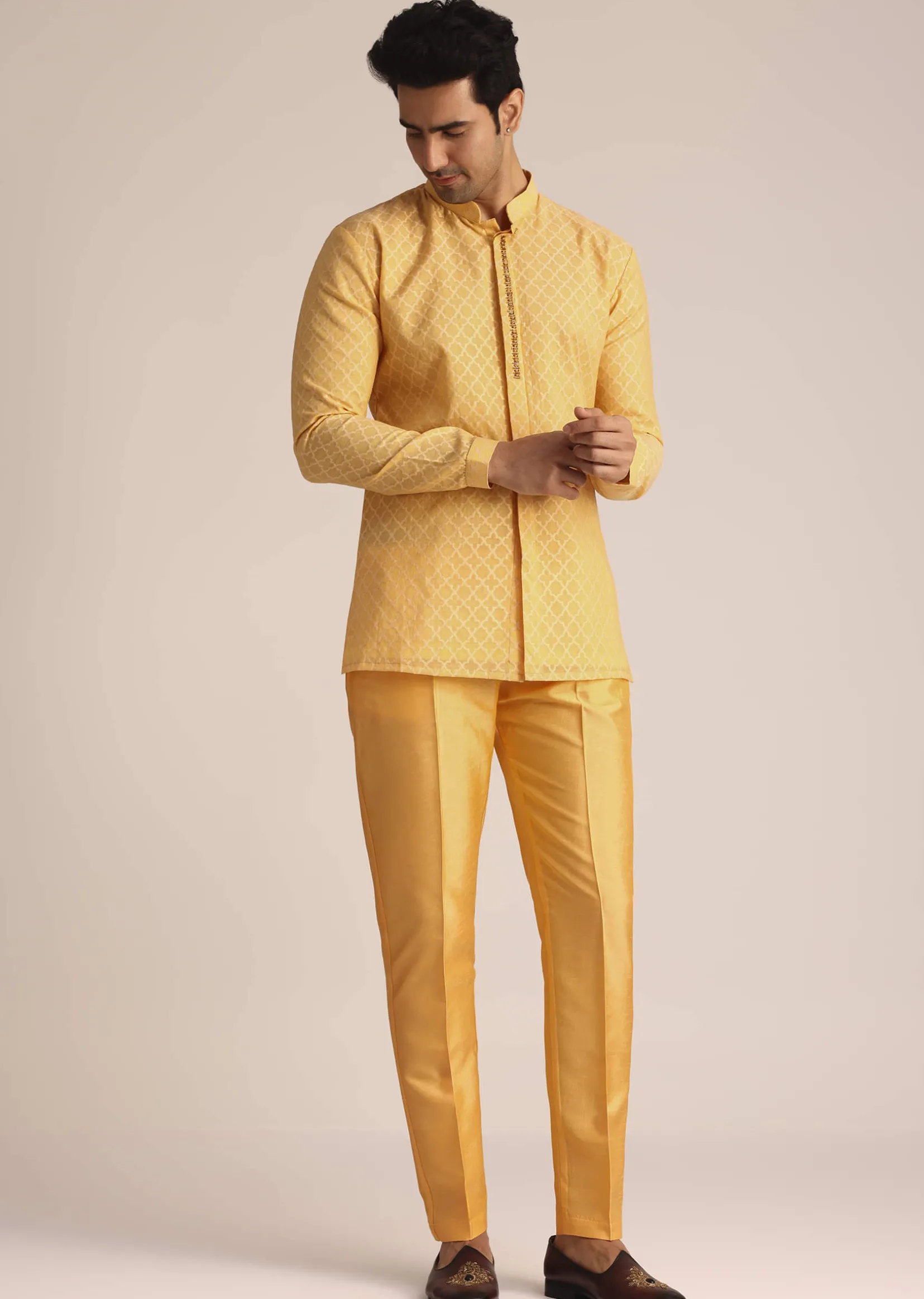 Mustard Yellow Silk Indo Western Set With Zardosi Work