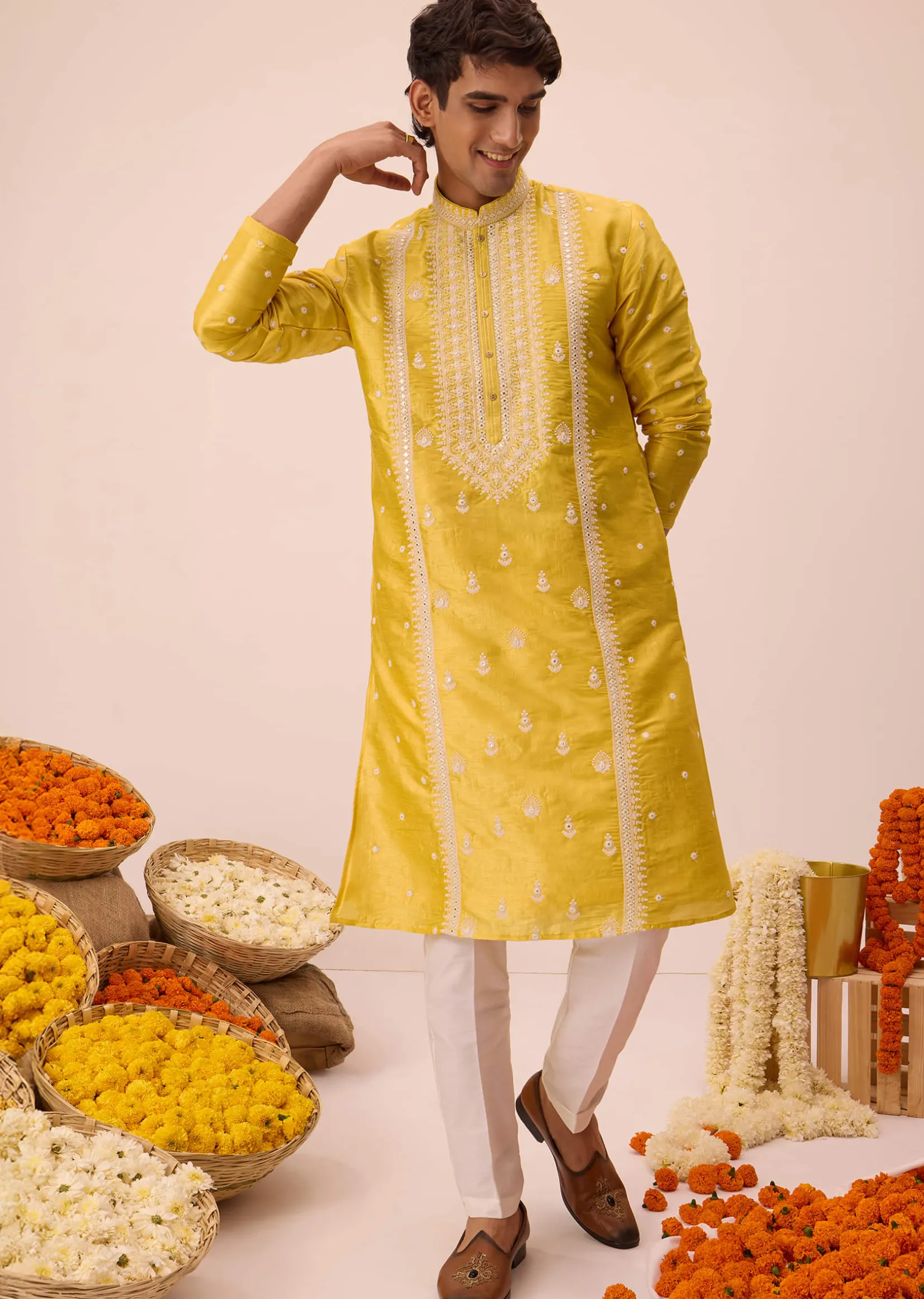 Mustard Yellow Silk Kurta Set In Resham Work For Men