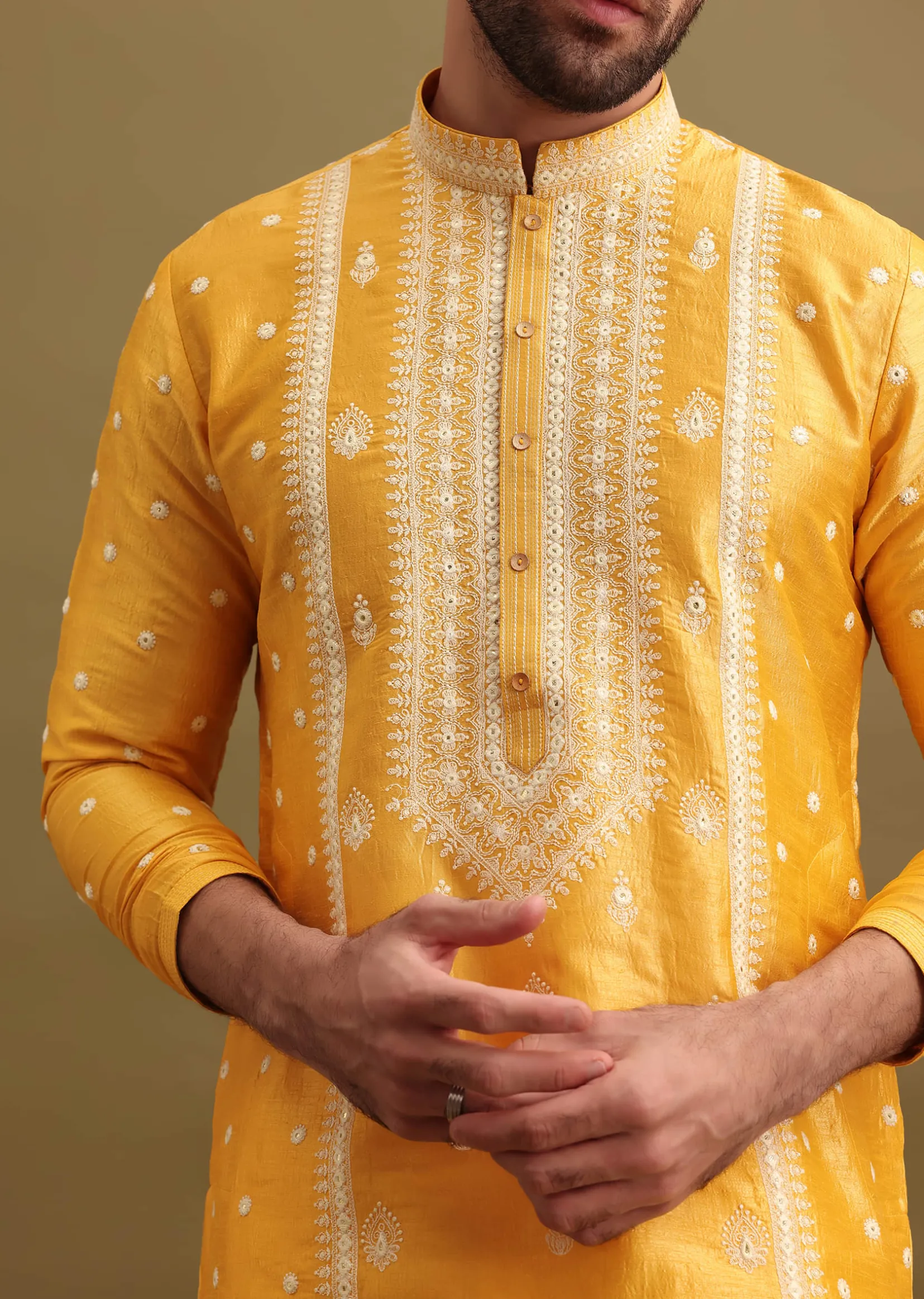 Mustard Yellow Silk Kurta Set In Resham Work For Men