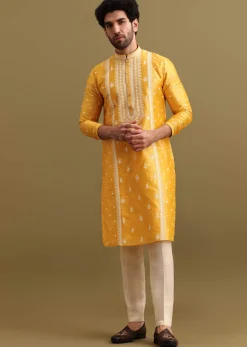 Mustard Yellow Silk Kurta Set In Resham Work For Men