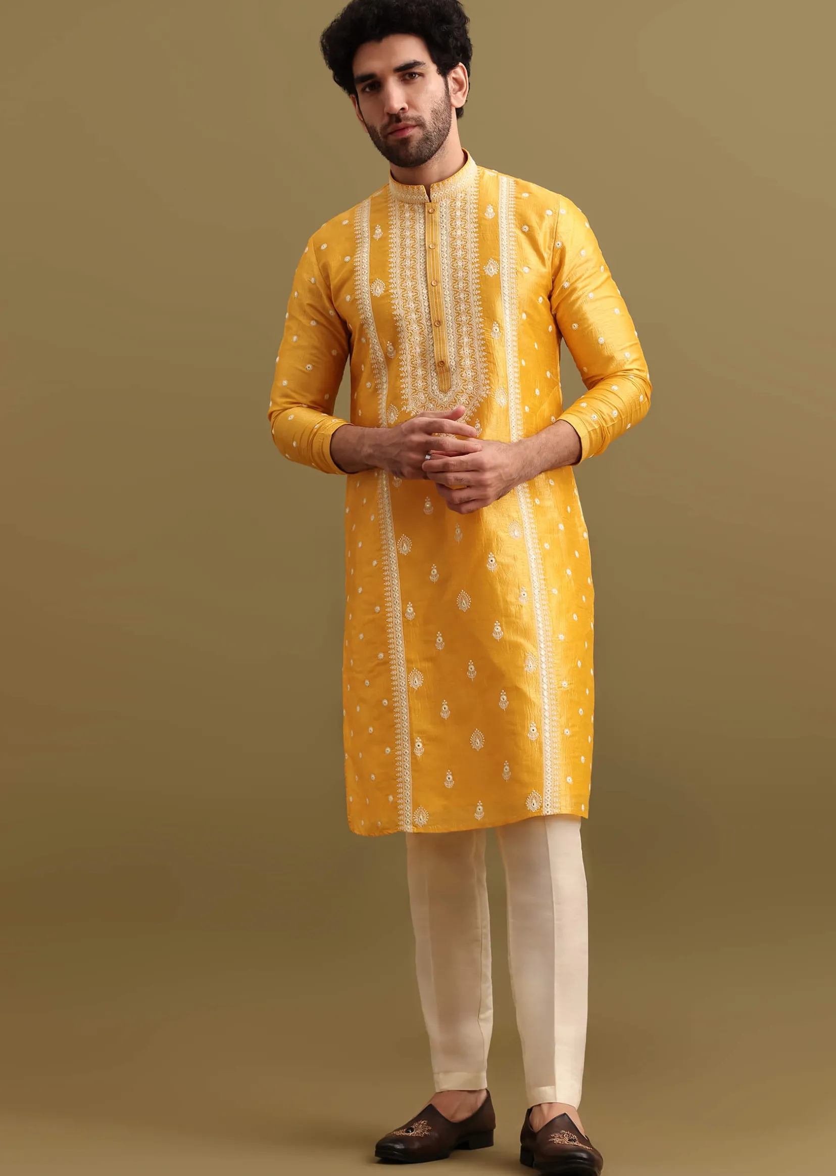 Mustard Yellow Silk Kurta Set In Resham Work For Men