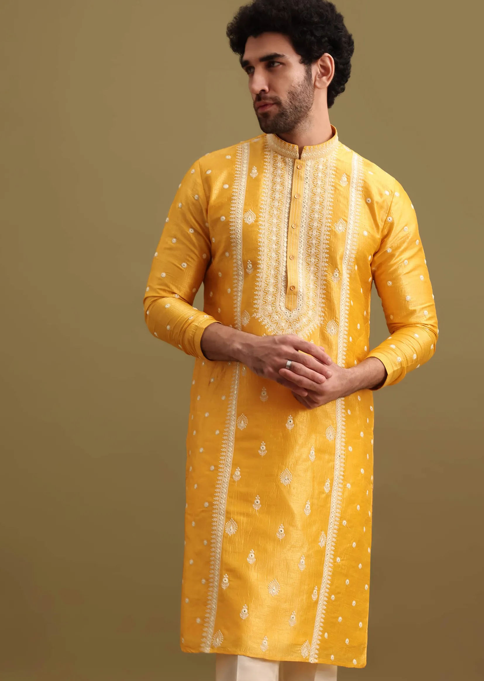 Mustard Yellow Silk Kurta Set In Resham Work For Men