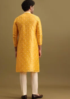 Mustard Yellow Silk Kurta Set In Resham Work For Men