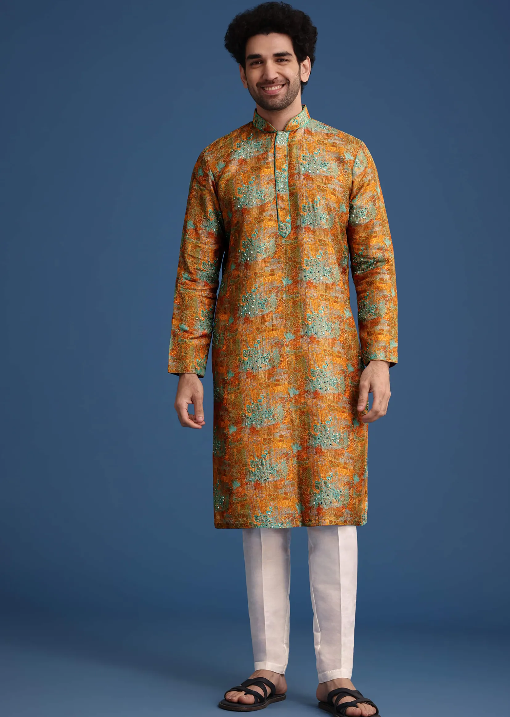 Mustard Yellow Silk Printed Kurta Set