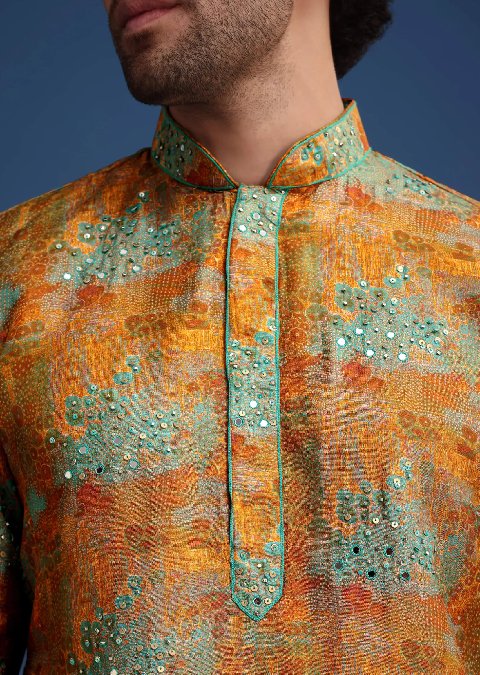 Mustard Yellow Silk Printed Kurta Set