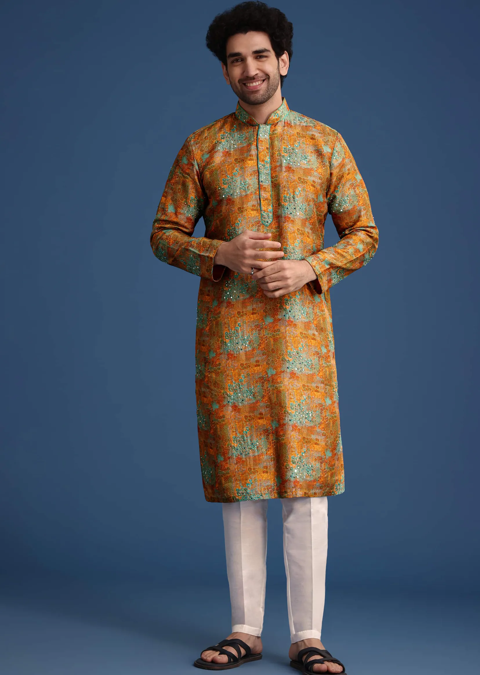 Mustard Yellow Silk Printed Kurta Set