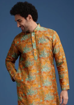 Mustard Yellow Silk Printed Kurta Set