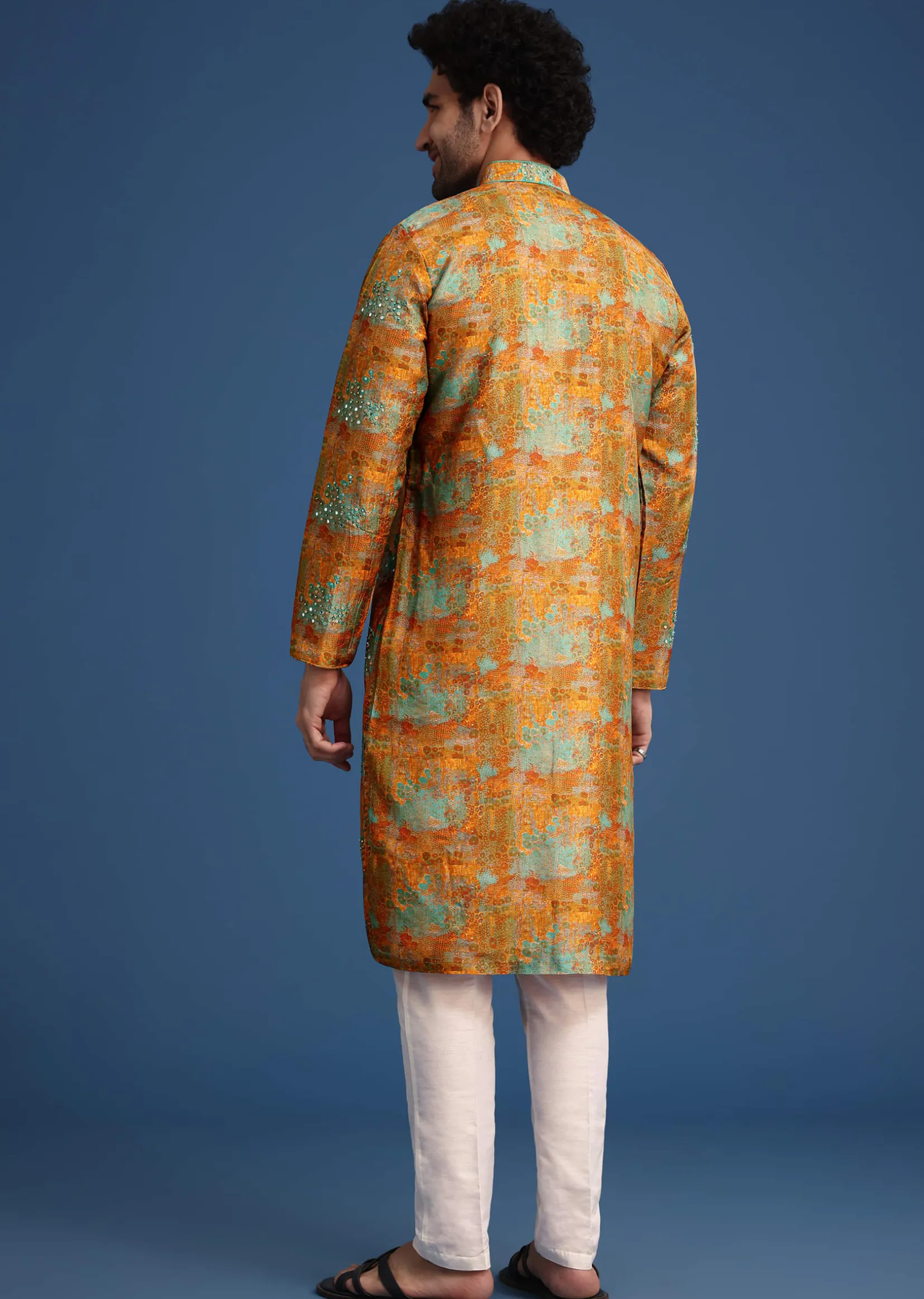 Mustard Yellow Silk Printed Kurta Set