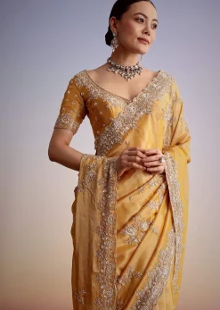 Mustard Yellow Silk Saree With Heavily Embroidered Pallu And Border