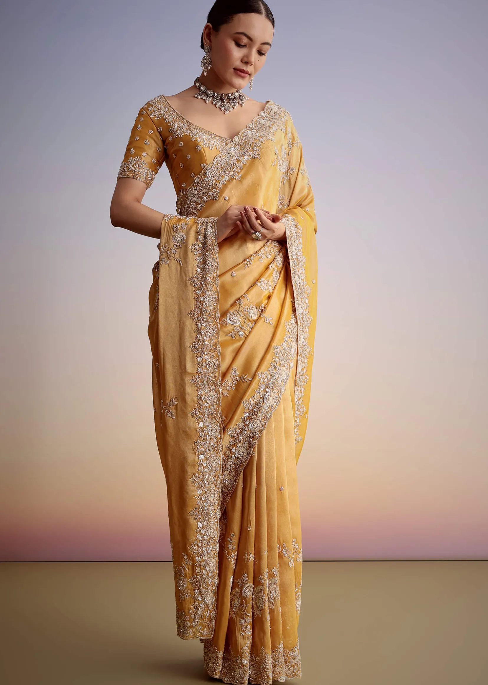 Mustard Yellow Silk Saree With Heavily Embroidered Pallu And Border