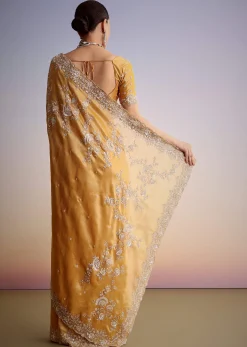 Mustard Yellow Silk Saree With Heavily Embroidered Pallu And Border