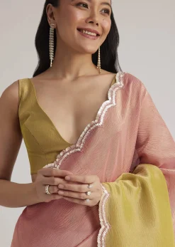 Mustard Yellow Triple Shaded Crushed Tissue Saree With Scallop Border