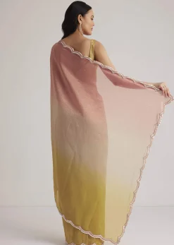 Mustard Yellow Triple Shaded Crushed Tissue Saree With Scallop Border