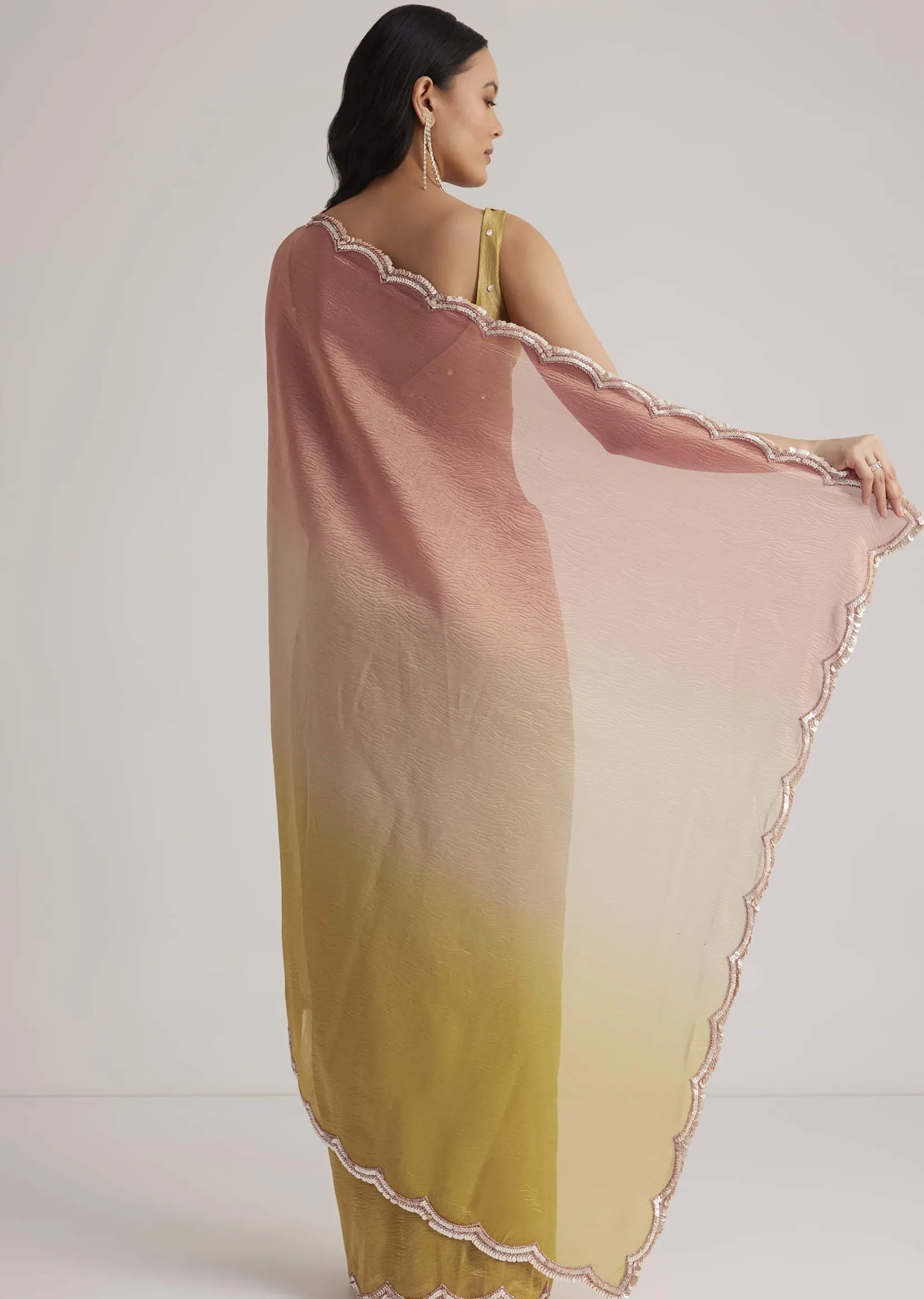 Mustard Yellow Triple Shaded Crushed Tissue Saree With Scallop Border