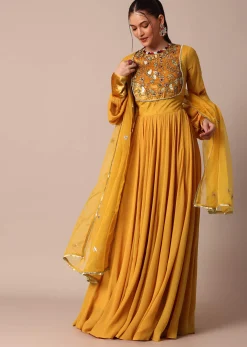 Mustard Yellow Velvet Embroidered Anarkali With Organza Dupatta