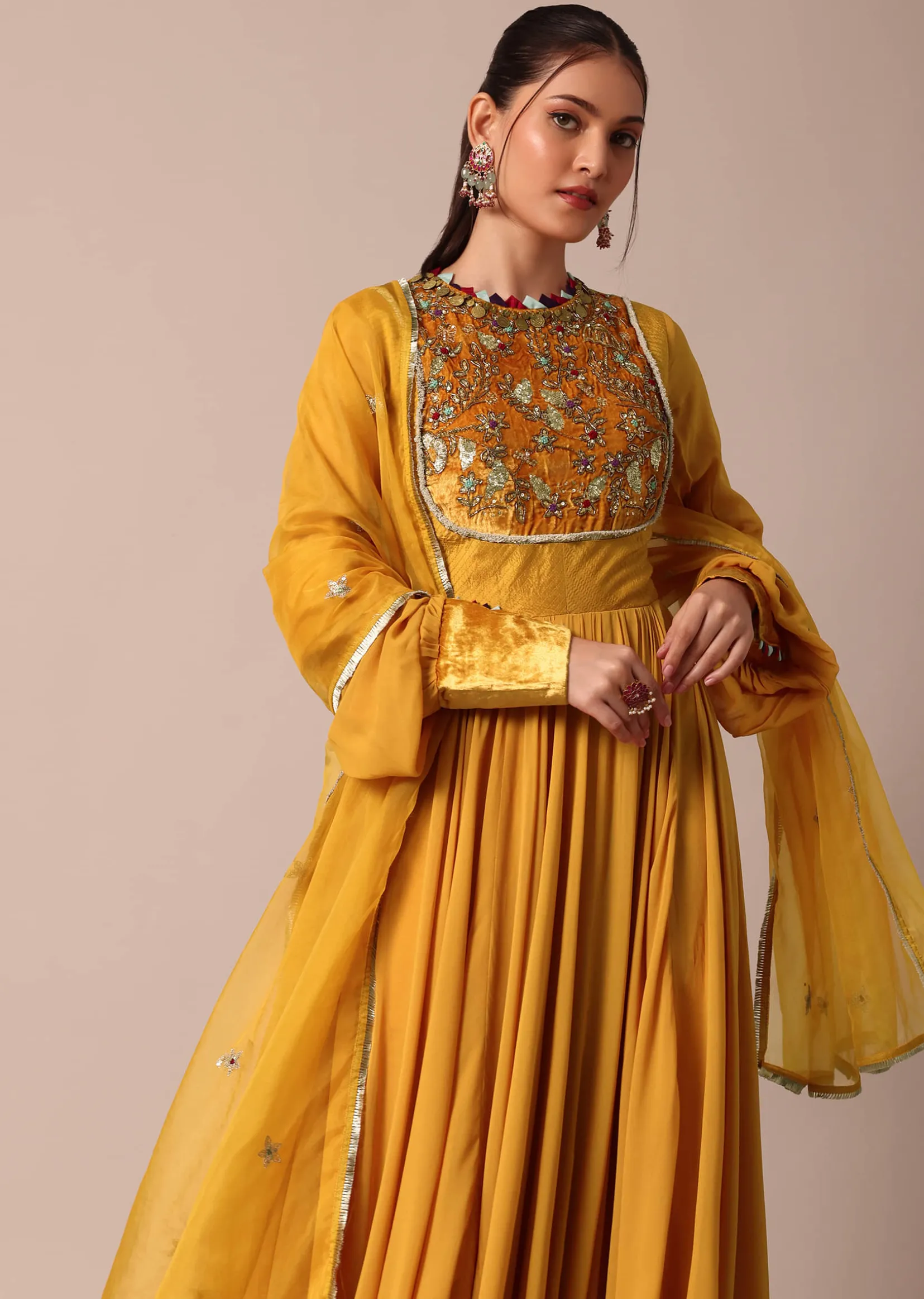 Mustard Yellow Velvet Embroidered Anarkali With Organza Dupatta