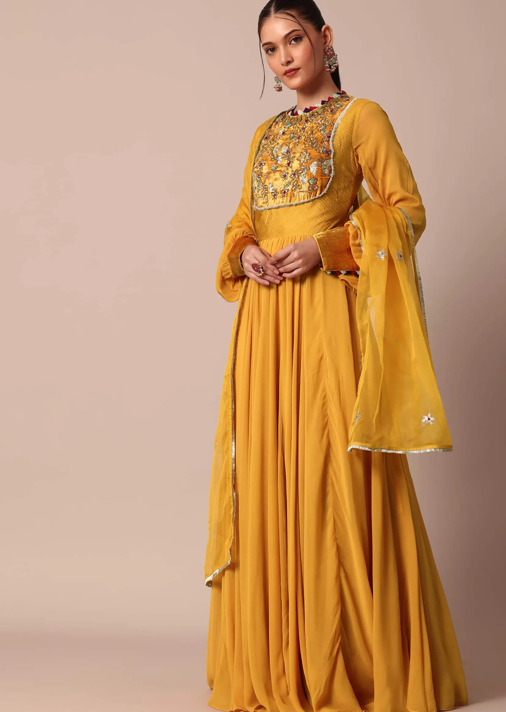 Mustard Yellow Velvet Embroidered Anarkali With Organza Dupatta