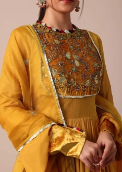 Mustard Yellow Velvet Embroidered Anarkali With Organza Dupatta