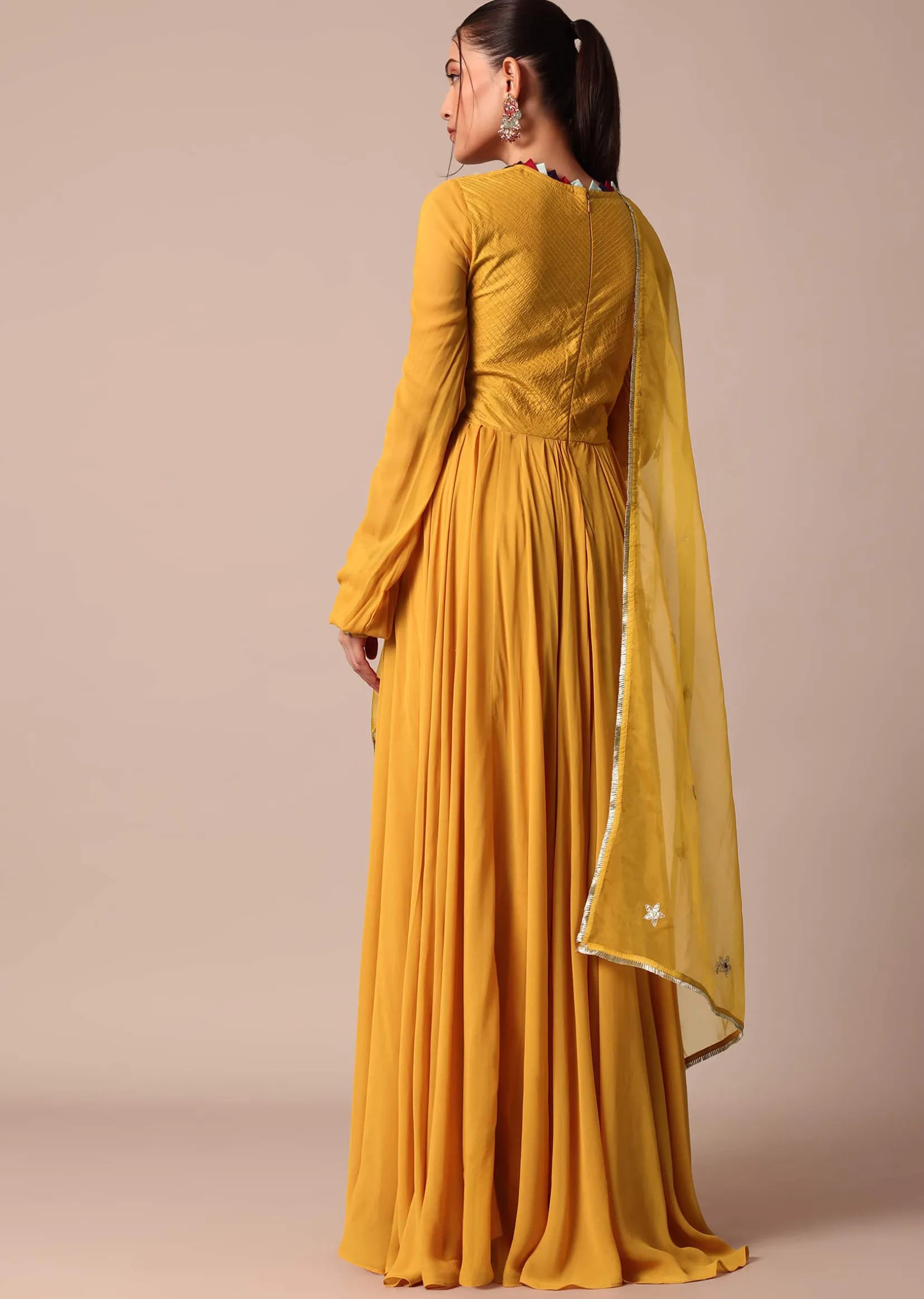 Mustard Yellow Velvet Embroidered Anarkali With Organza Dupatta