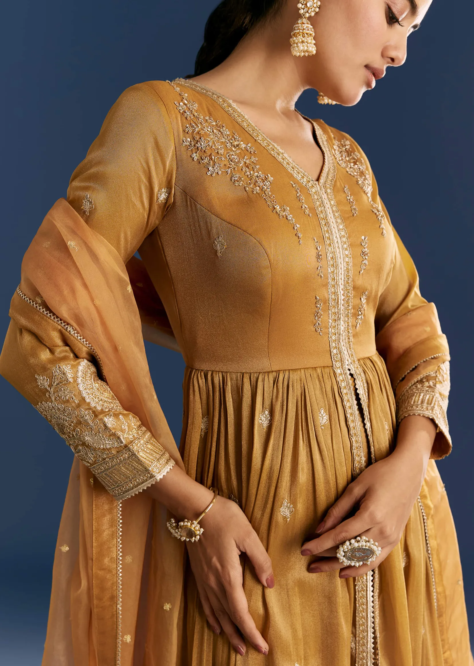 Mustard Yellow Zardosi Embroidered Anarkali Dupatta Set