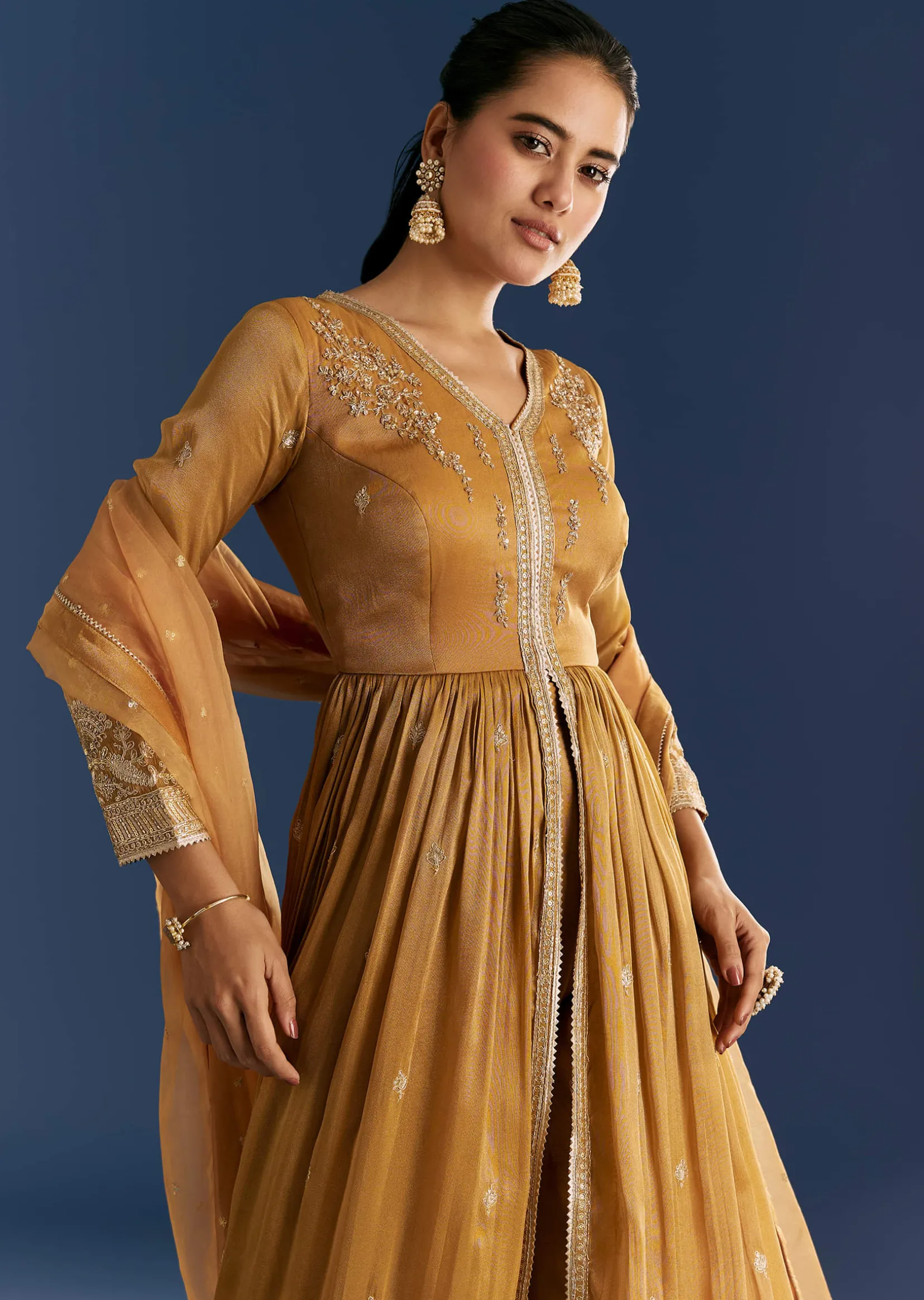 Mustard Yellow Zardosi Embroidered Anarkali Dupatta Set