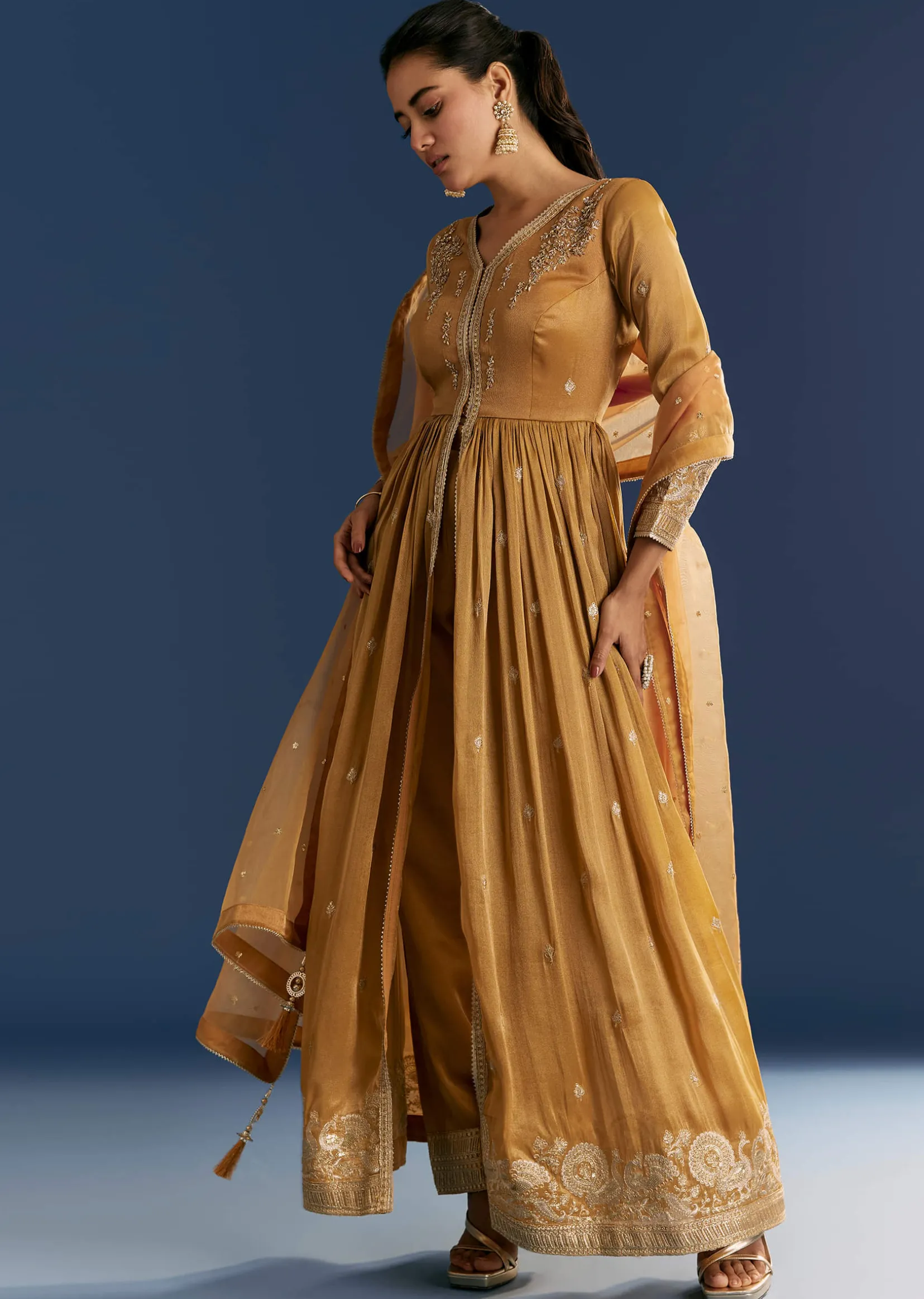 Mustard Yellow Zardosi Embroidered Anarkali Dupatta Set