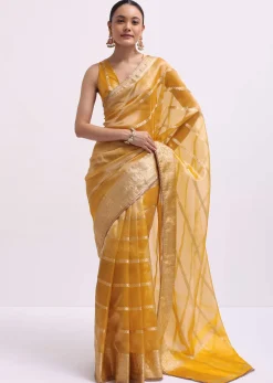 Mustard Yellow Zari Woven Chanderi Saree With Unstitched Blouse