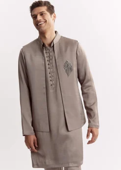 Natural Linen Kurta Jacket Set With Mandarin Collar