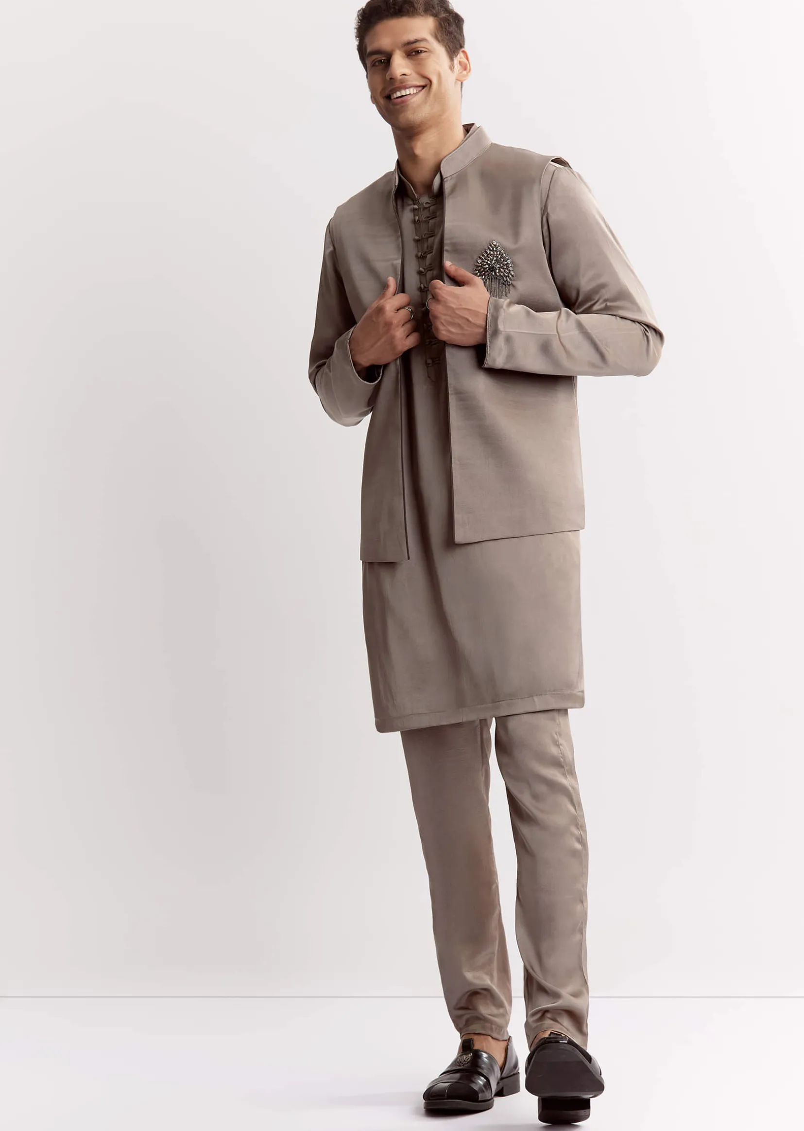 Natural Linen Kurta Jacket Set With Mandarin Collar