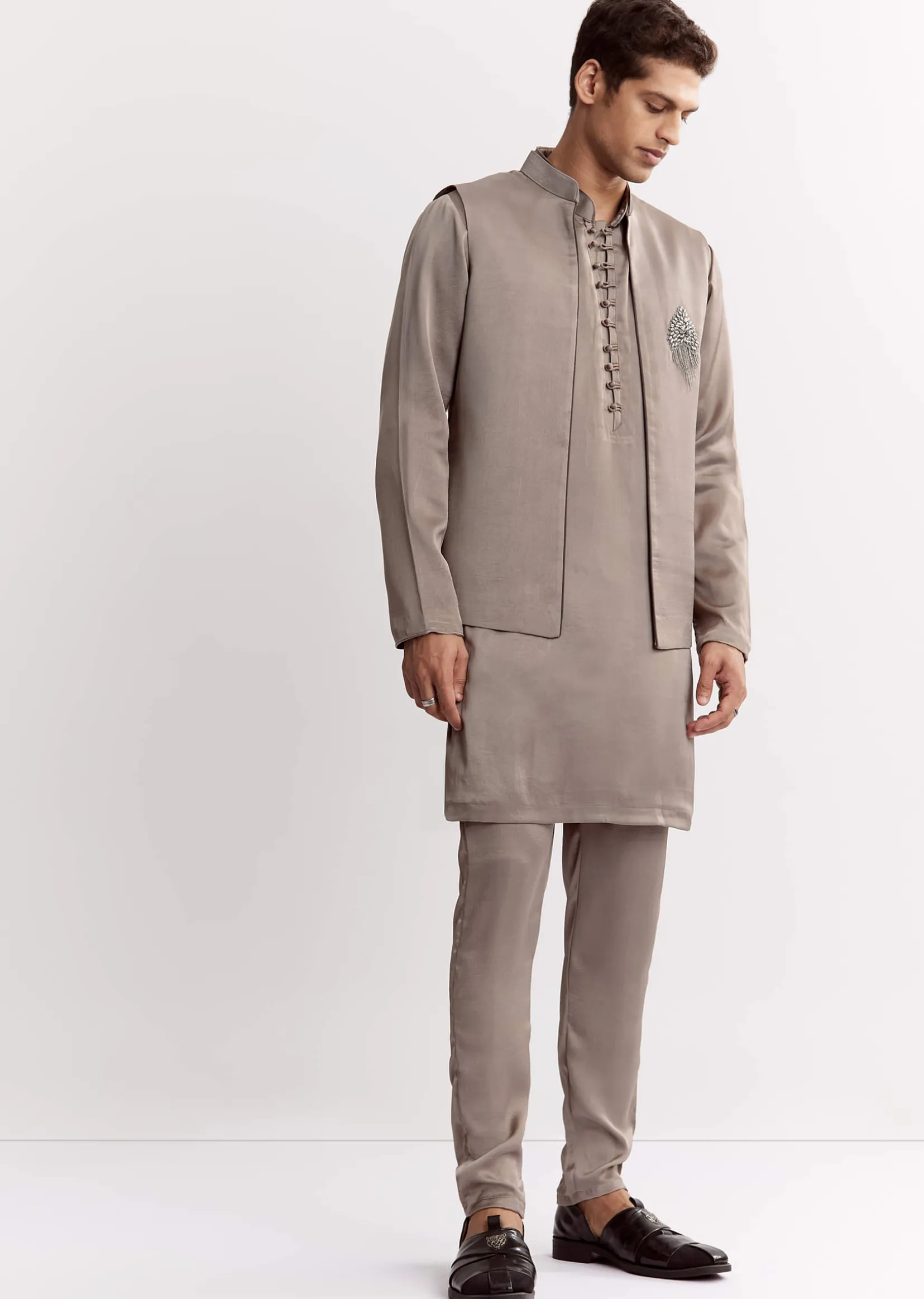 Natural Linen Kurta Jacket Set With Mandarin Collar