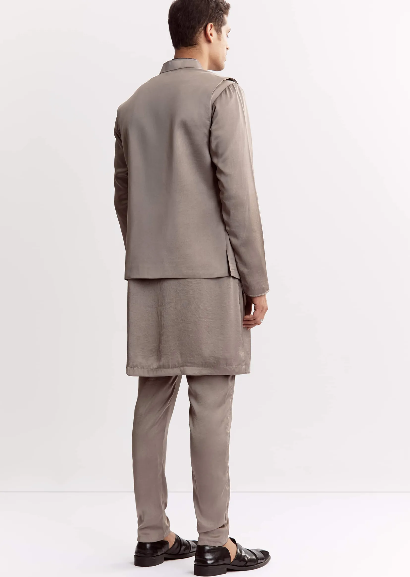 Natural Linen Kurta Jacket Set With Mandarin Collar