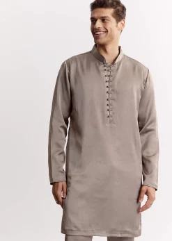 Natural Linen Kurta Jacket Set With Mandarin Collar
