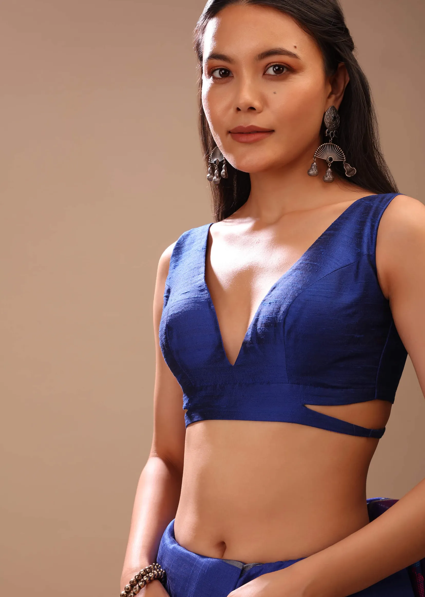 Nautical Blue Blouse In Raw Silk With Plunging V Neckline And Side Cut Outs