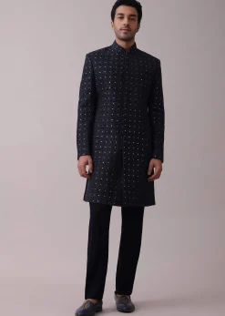 Navy Blue Achkan Set With Mirror And Cut Dana Embroidery