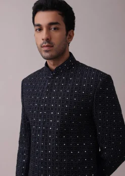 Navy Blue Achkan Set With Mirror And Cut Dana Embroidery