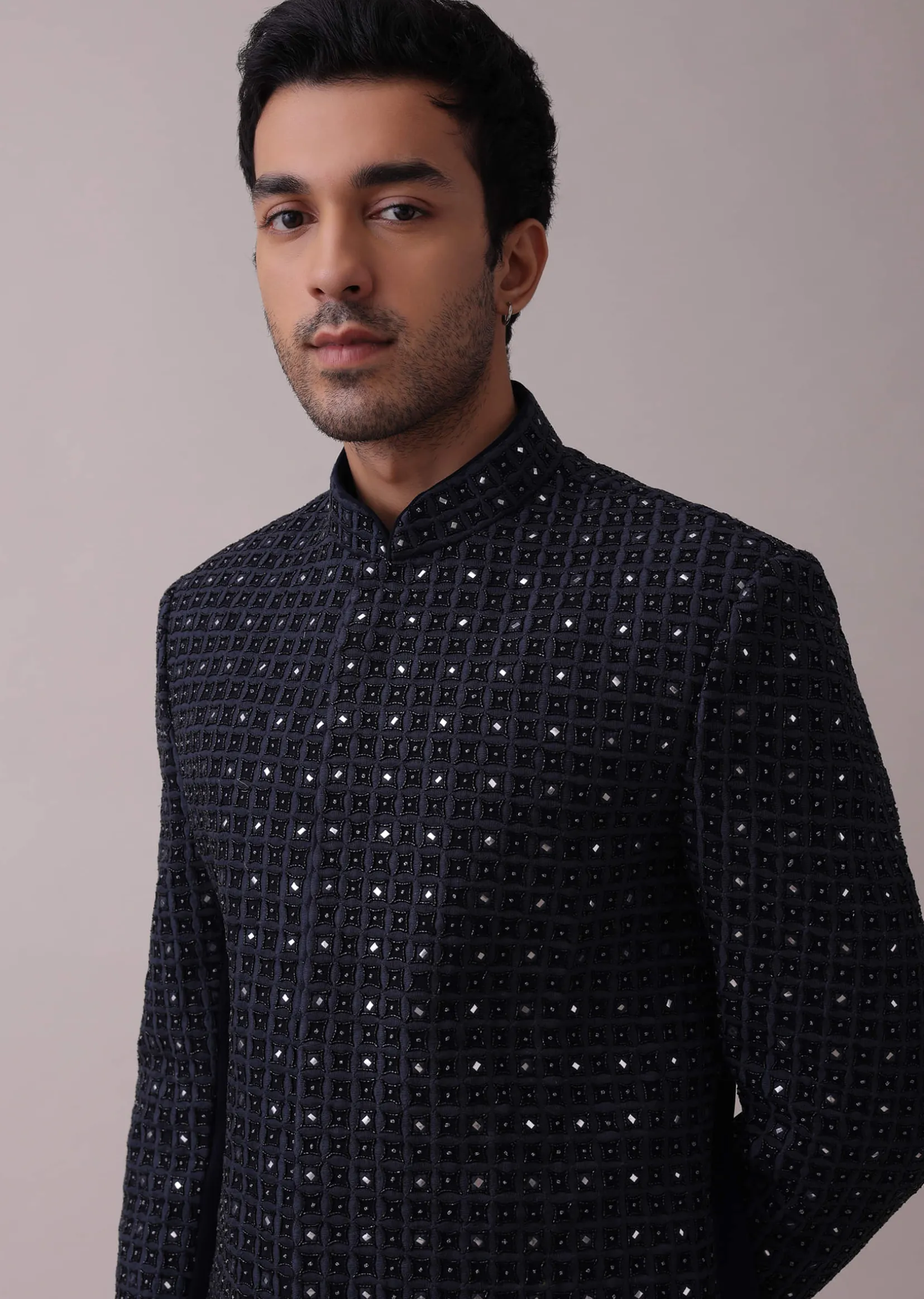 Navy Blue Achkan Set With Mirror And Cut Dana Embroidery