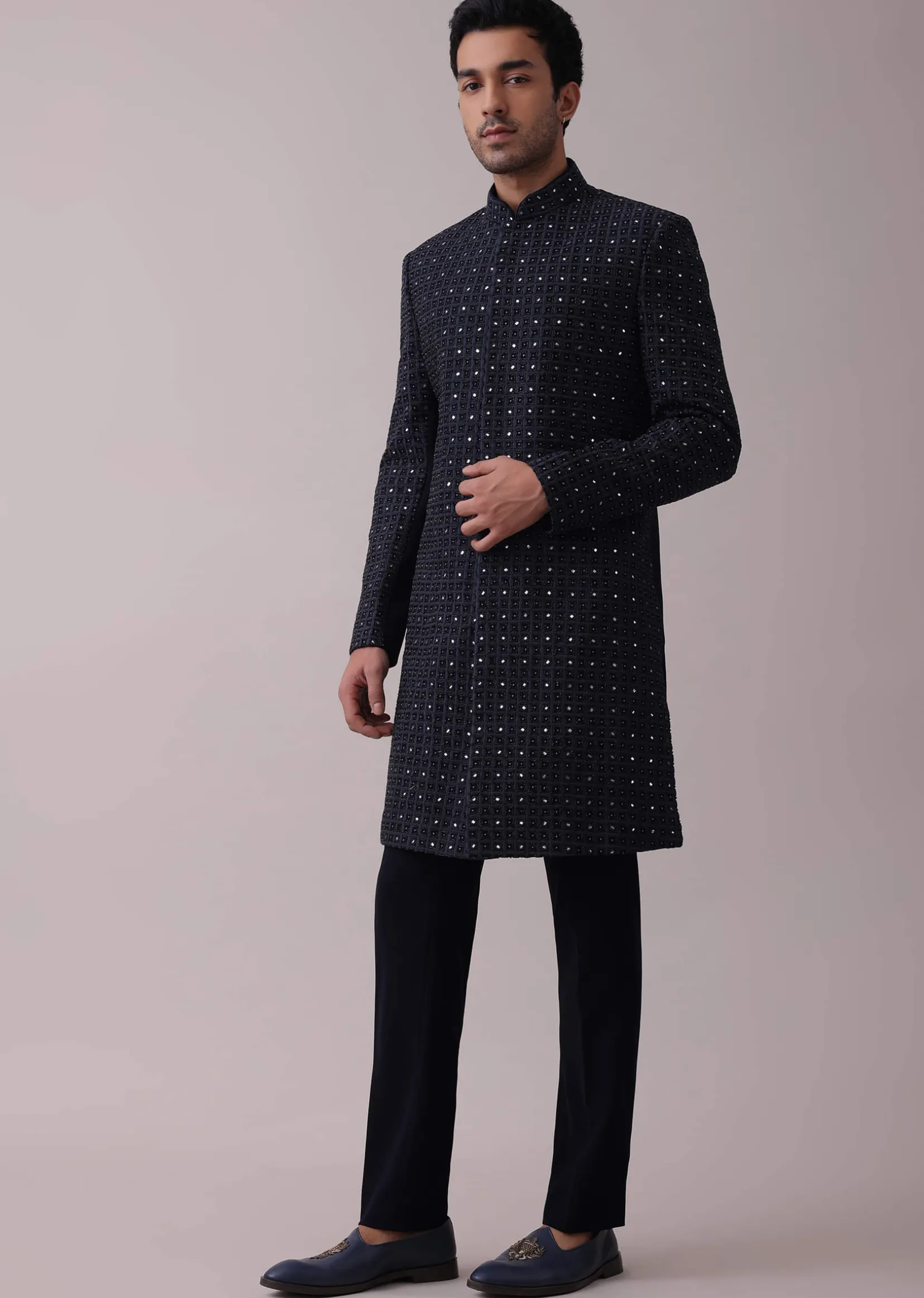 Navy Blue Achkan Set With Mirror And Cut Dana Embroidery