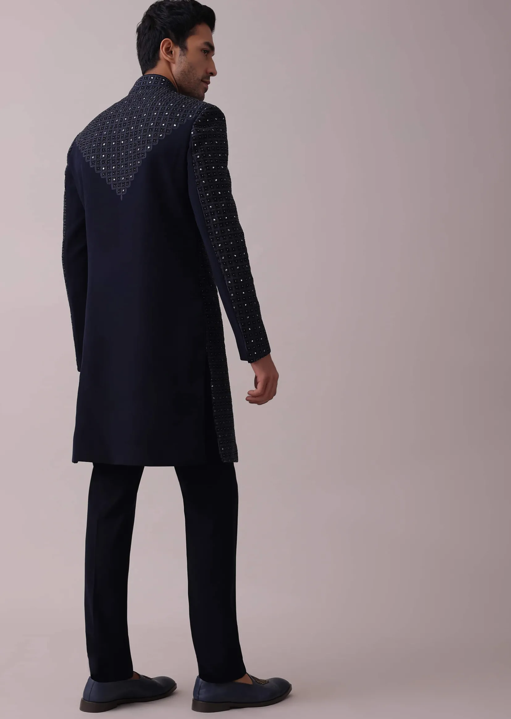Navy Blue Achkan Set With Mirror And Cut Dana Embroidery