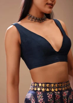 Navy Blue Blouse In Tussar Silk With Plunging Neckline And Front Hook Closure