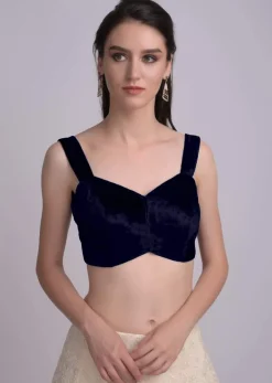 Navy blue Blouse In Velvet With Sweetheart Neckline And Curved Hem