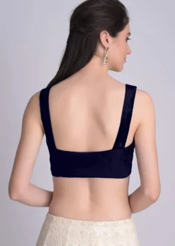 Navy blue Blouse In Velvet With Sweetheart Neckline And Curved Hem