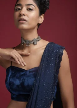 Navy Blue Blouse In Velvet With Spaghetti Straps On The Shoulders
