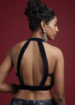 Navy Blue Blouse In Velvet With Halter Straps And Sweetheart Neckline