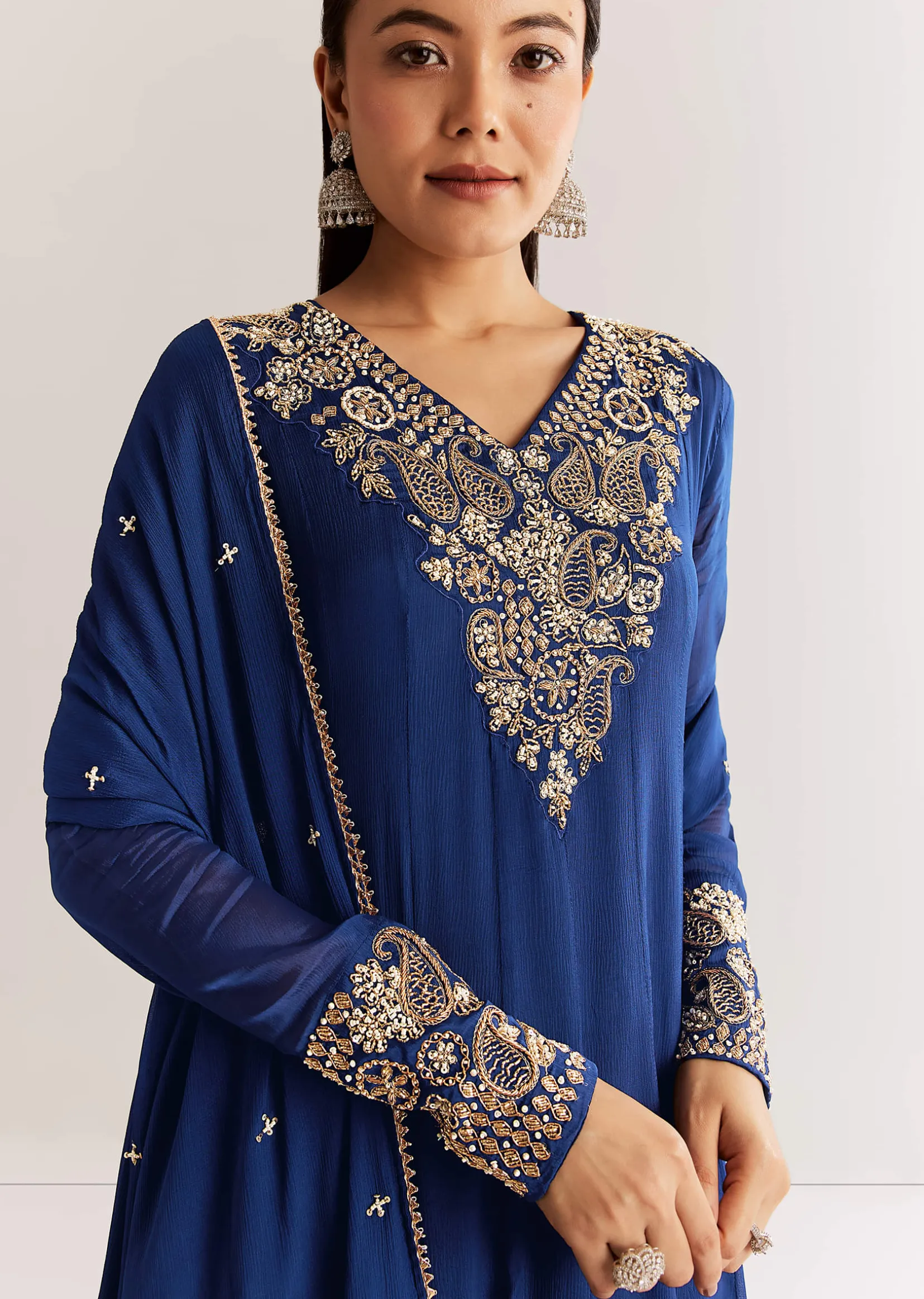 Navy Blue Chinon Anarkali Set With Cutdana Moti And Gotta Lace Dupatta