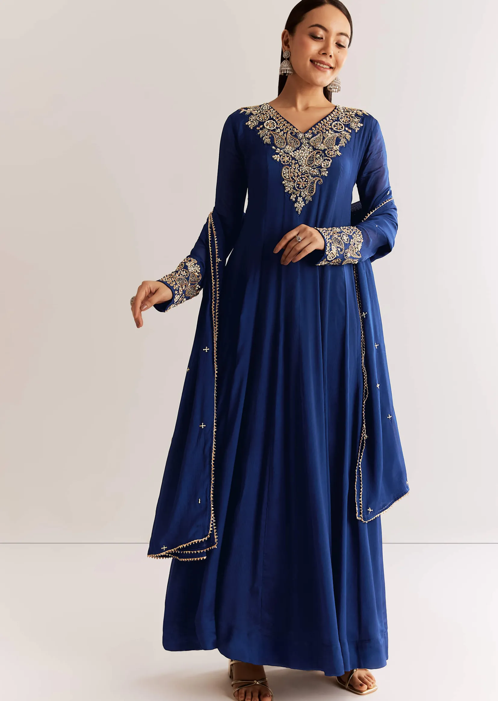 Navy Blue Chinon Anarkali Set With Cutdana Moti And Gotta Lace Dupatta